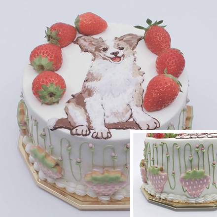 イラストと苺型クッキーのケーキ